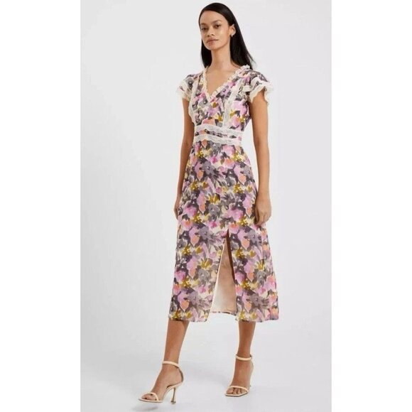 French Connection midi Dress Floral Size 2 Crinkle Lace Dress NWT romantic - Picture 1 of 13